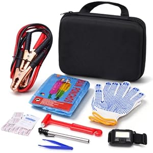 Car Emergency Kit with Jumper Cables, Gloves, Rainwear, Tire Gauge and Headlamp, Roadside Safety Kit for Vehicles with Reflective Vest and Safety Accessories