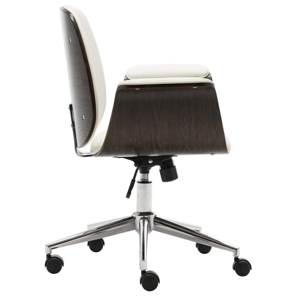 Białe krzesło biurowe z zakrzywioną ramą drewnianą i obiciem ze sztucznej skóry, z regulacją wysokości, 5 kółek, ergonomiczny komfort, idealne do domowego biura, salonu lub biura