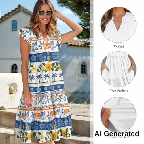 Image of Women's Casual Ruffle Sleeve Dress V Neck Pullover Dress Flowy A-Line Pleated Lightweight Dress with Pockets