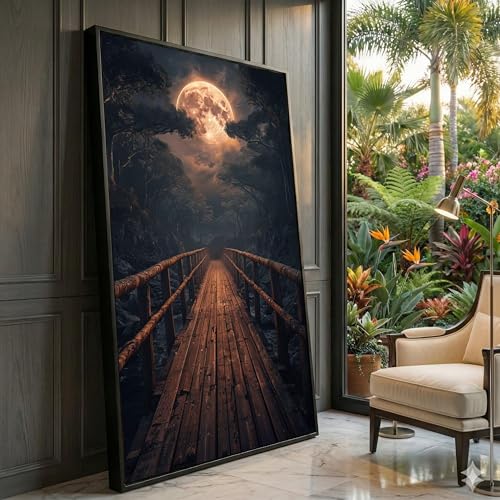 XBTYKPB Lienzo de puente forestal, arte mural de noche de luna llena, pintura de paisaje místico, decoración rústica de camino de madera, lienzo natural (60 x 105 cm/marco interior)