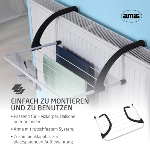 Amig - Wäscheständer für Heizkörper Mod. Aeria ClipMini - Stahl und Polypropylen - Wäschetrockner - Einfache Installation - 3 m Trockenfläche - Maße 51x33x13 cm - Farbe Weiß/Schwarz