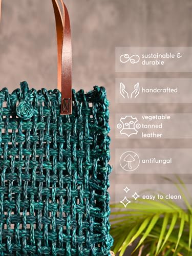 Image of KADAM HAAT Unisex-Adult Handmade Sabai Grass Lunch Bag | Dry Grass Bag For Lunch And Bottle | Tiffin Box Bag For School Or Office With Leather Handle (Indigo), Blue