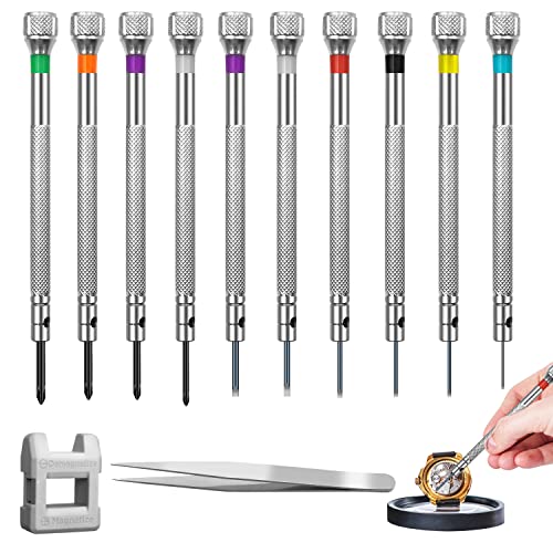 Tournevis de Précision, 10 Pièces Mini Tournevis Montre de Réparation, Kit de Tournevis Horloger avec Démagnétiseur et Pince à épiler, Outils de Réparation pour Lunettes, Montres, 0,6-2,0 mm Cover