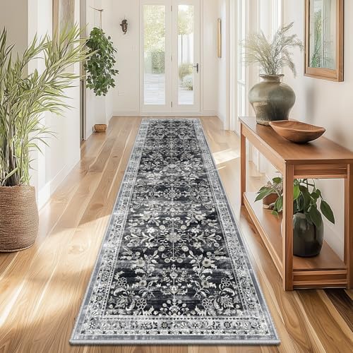 Yamaziot Washable Runner Rug 2x8 – Non Slip Boho Floral Hallway Runner Rug with Rubber Backing, Low Pile Faux Wool Distressed Carpet for Kitchen, Laundry, Bedroom, Entrance, Navy/Black