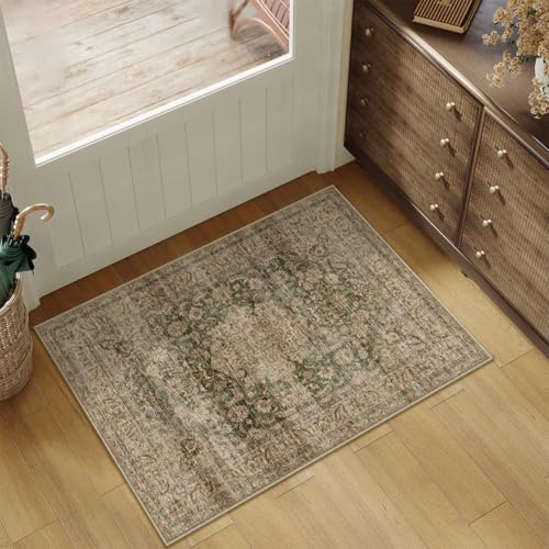 2x3 Washable Green Vintage Area Rug for Entryway Non-Slip Low Pile Traditional Carpet Retro Distressed Soft Thin Door Mat Small Accent Throw Rug for Kitchen Entrance Bathroom Indoor