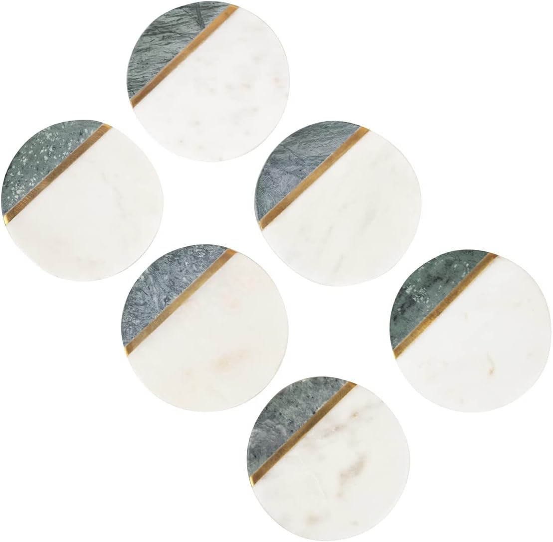 GoCraft Modern Marble Coasters – Set of 6 Handcrafted Round White & Green Marble with Gold Inlay – Drink Coasters for Coffee Table, Dining, Bar, Kitchen, or Office Desk Use