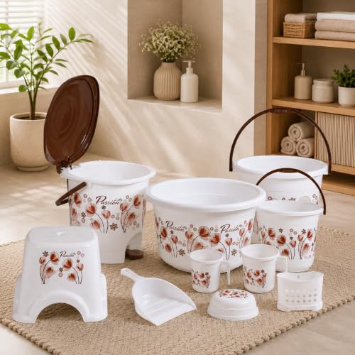 Image of Heavy Duty Virgin Plastic Large Capacity 20L Bucket, 5L Bucket, Stool,22L Deep Tub, Dustbin,1.5L Mug,1L Mug, Soap Case, Dustpan, Tooth Brush Stand Bathroom Set(K.White-Brown) - 10 Pieces