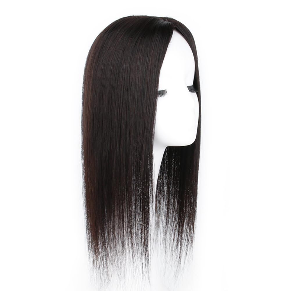 5x6 Inch Inner Net 17.7 Inch Length Clip In Toppers Human Hair Long Straight Hair Middle -part Top Hairpiece for Women Thin Hair White Hair (Dark brown,45cm)