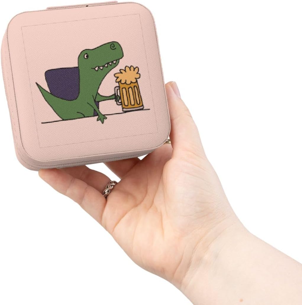 3dRose Funny Trex Dinosaur Drinking Beer Cartoon Jewelry Travel Case Pink