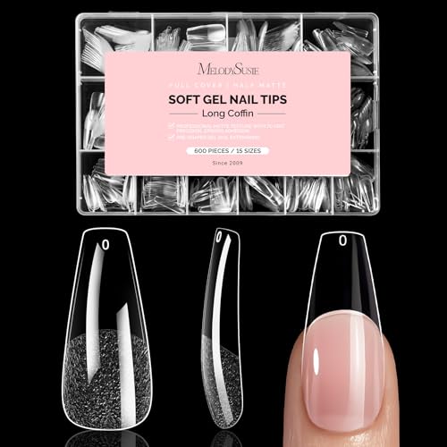 Image of MelodySusie Long Coffin X Nail Tips - 600Pcs 15 Sizes Clear Acrylic, Half Matte Full Cover Press on Nails for DIY Extension & Salon Use, Pre-Shaped for Long-Lasting Manicure