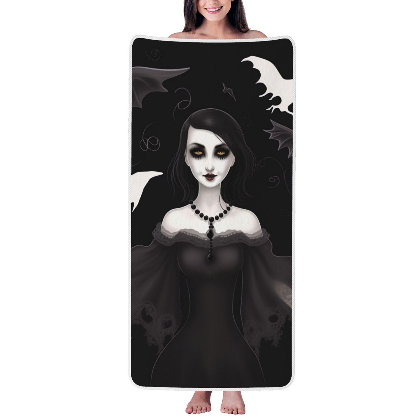 WPKJU Halloween Goth Printed Bath Towel with White Edging - 27x55 in Soft Extra Absorbent Coral Velvet Shower Towels for Bathroom