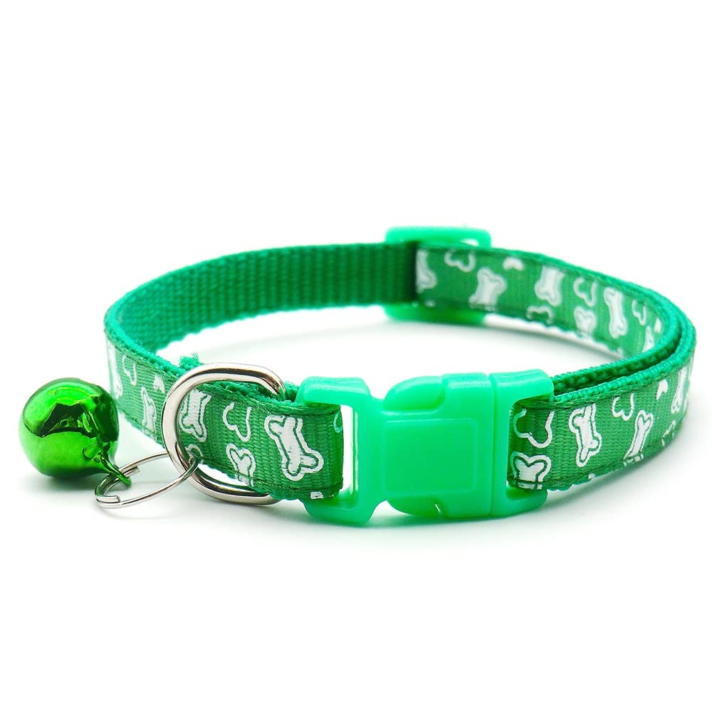Small Dog Puppy Pet Collar White Bone Design with Bell Nylon Adjustable Size 19-32cm Green, XS - Image 2