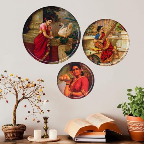Image of the atrAng Alloy Steel, Carbon Steel Raja Ravi Varma Decorative Wall Plates Set | Vintage Indian Art for Living Room & Home Decor | Hanging Plates for Wall Aesthetic (Set of 3)