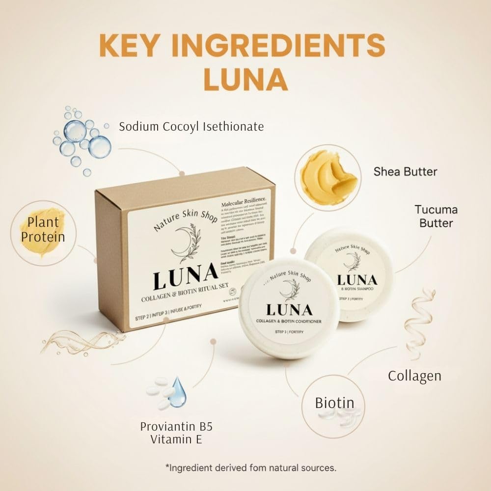 Nature Skin Shop Luna Collagen & Biotin Shampoo and Conditioner Set - Strengthening & Volumizing Solid Hair Care Duo for Fine, Thinning & Weak Hair - Sulfate-Free & Plastic-Free