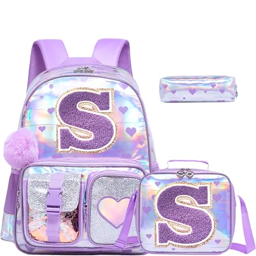 HTgroce Mochila para meninas do ensino fundamental para escola conjunto de mochila personalizada letra S bolsa de livros pré-escolar com lancheira estojo lápis
