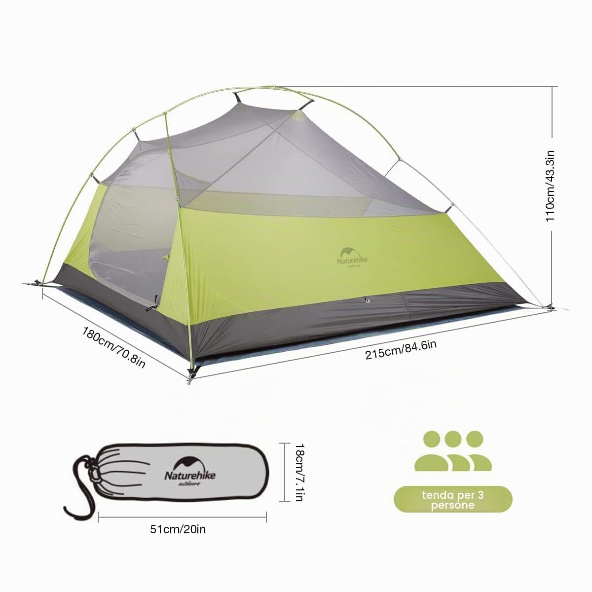 Naturehike Cloud Up 2 Tenda da Campeggio 3-4 Stagioni per 2 Persone, Tenda Leggera da Zaino, Impermeabile, a Prova di Insetti, per Famiglie, per Escursionismo, Alpinismo
