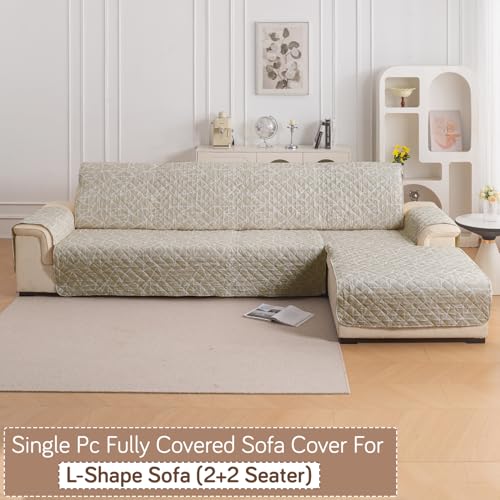Image of HOKIPO 'Elira Series' Printed Quilted One-Piece L Shape 4 Seater (2+2) Sofa Cover Mat with Right Chaise | Anti-Slip Backing & SecureFit Belt, Beige Abstract Geometry (AR-6228-C3)