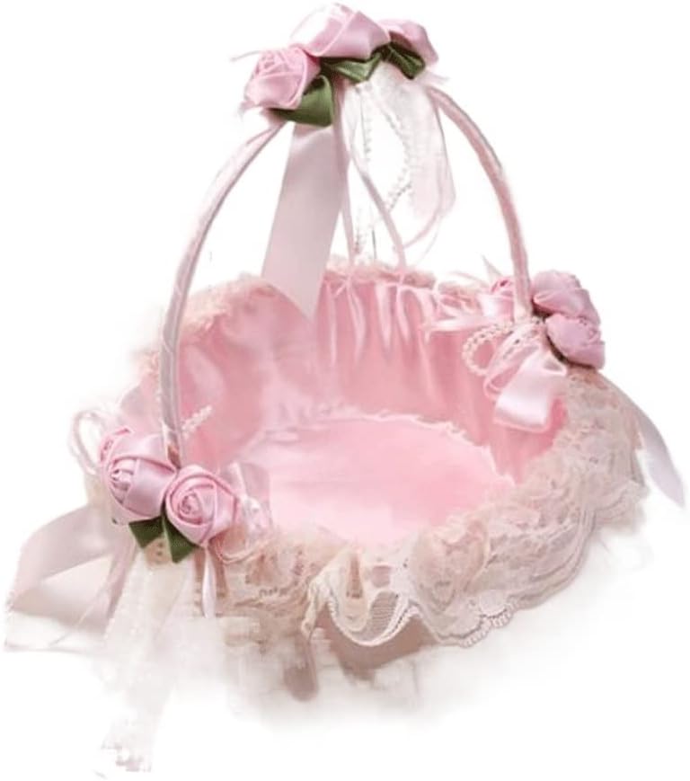 JSEIAJB Flower Basket Portable Wicker Dancing Flower Lace Flower Basket Wedding Bridesmaid Flower Girl Flower Petal(E)