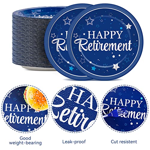 Image of Qyeahkj 48 Pcs Retirement Party Plates Happy Retirement Party Supplies Disposable Paper Dessert Plates Supplies Blue and Silver Lunch Dinner Cake Plates Tableware Decorations for Men Women