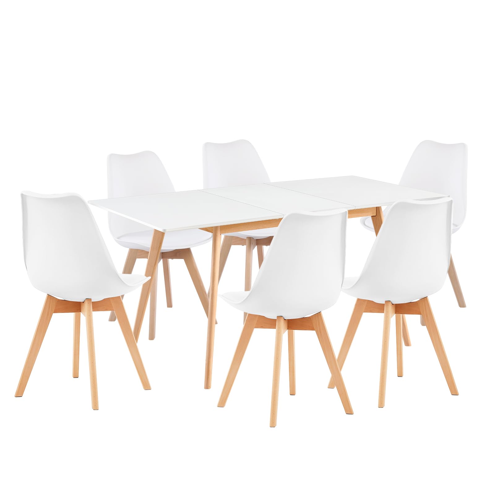 H.J WeDoo Tavolo da pranzo allungabile 120-160cm con 6 sedie in legno bianc | Tavolo in MDF con gambe in faggio e 6 sedie ergonomiche in plastica con cuscino, ideale per cucina e soggiorno moderno