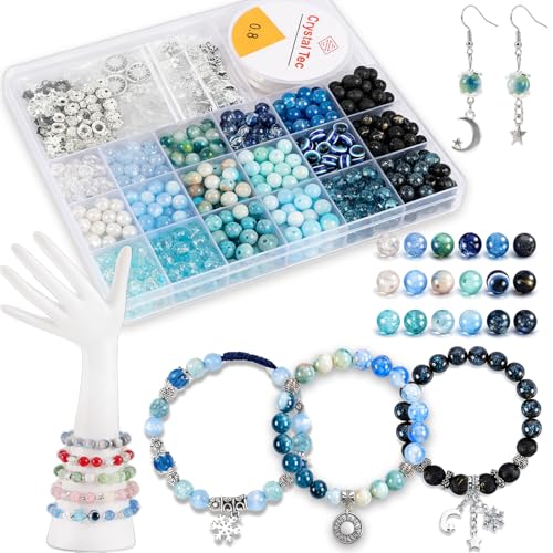 Tunmiok Glass Beads for Bracelets Making Kit, Jewelry Making Supplies with Charms, Crystal String, Spacer Beads, DIY Bracelet Necklace Craft Kit for Adults (Blue)