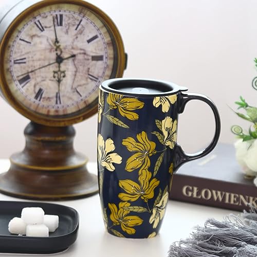 DUSVALLY Ceramic Mug Large Coffee Cup Tall Mugs Porcelain Latte Tea Cup with Lid 17oz,Yellow