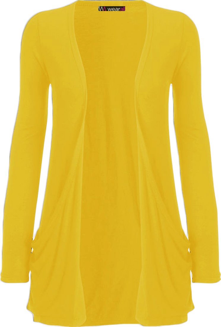 WearAll - Ladies Long Sleeve Pocket Cardigan Womens Top Yellow 24-26