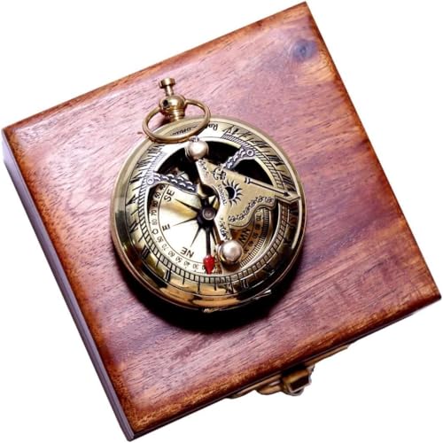 Navigational Sundial Compass Brass Finish Golden Color Small Pocket Compass Square Wooden Box Nautical Gift
