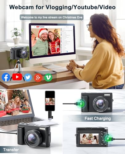 Appareil Photo Numérique 4K, Zoom Numérique 16X Appareil Photo vlogging avec Carte 32GB, 2 Batteries, Chargeur pour Débutants Macchina Fotografica 4 Digital Camera Black – Image 6