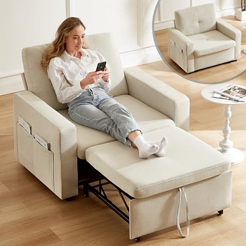 WEUP 42.5' Sleeper Sofa Chair Bed, 3-in-1 Convertible Sleeper Chair with Pull Out Bed, Adjustable Reclining Backrest, Side Pockets, Basic Beige