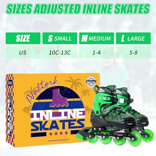 Image of Nattork Adjustable Inline Skates for Youth Big Boys - with Light up Wheels - Green Blade Roller Skating for Beginners Size 5 6 7 8 Ages 11 12 13 14 15