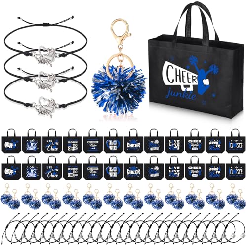 Cheerleading Gifts 72 Pcs Set - 24 Bags, 24 Pompom Keychains & 24 Bracelets
