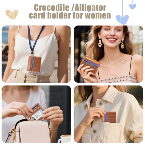 Image of Slim Credit Card Holder Crocodile Wallet Women Thin Wallets | Alligator Print RFID Blocking Minimalist Lightweight Pocket Small Cute Cards Holders ID Window, Brown Croc