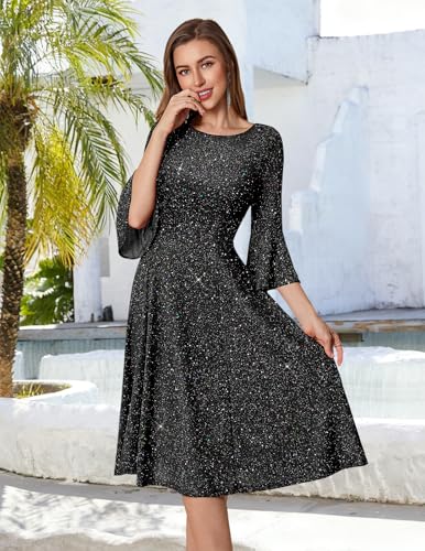 Image of HomRain Women's Church Dresses Modest Bell Sleeve Wedding Guest Cocktail Tea Party Vintage Evening Dress