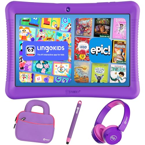 Image of Contixo 10 inch Android Kids Tablet Bundle - 32GB, Epic! & Lingokids Educational Apps, Parental Controls, Kid-Proof Case w /Kickstand & Stylus, Headphones & Sleeve Bag - Purple