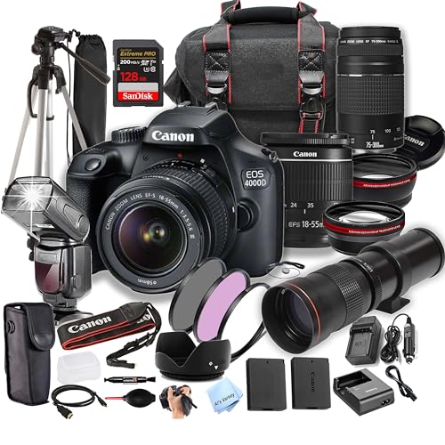 Canon EOS 4000D (Rebel T100) w/EF-S 18-55mm & 75-300mm + 420-800mm Super Telephoto Lens + 128GB Extreme Speed Card, Case, Tripod,TTL Speedlite, Spare Battery, More (Extreme Pro-Bundle) (Renewed)