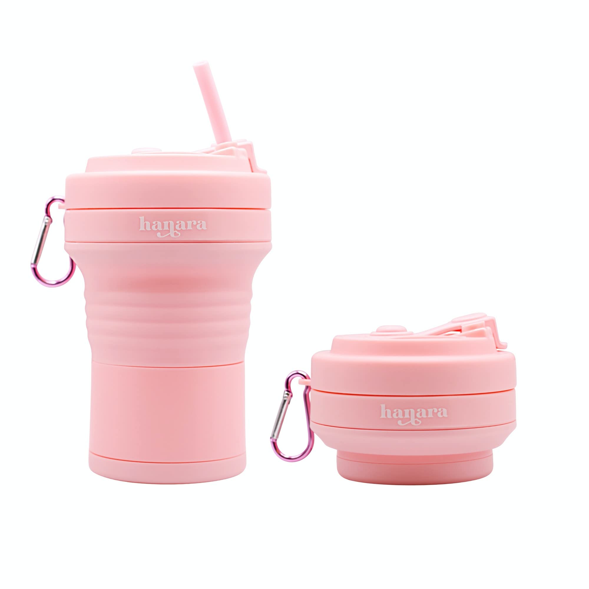 Hanara Tazas de café plegables con popote de silicona reutilizable, 550 ml, perfectas para viajes, camping, escuela, trabajo, sin BPA, a prueba de fugas, aptas para microondas y lavavajillas (rosa)