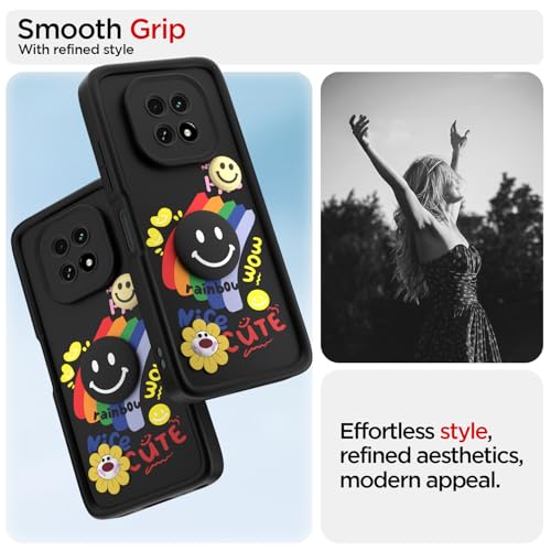 Image of Pikkme Back Cover for Realme C63 5G | Soft Silicone| Cute Rainbow Smile & 3D Cartoon Flower Design | Shockproof Raised Camera Protection Bumper Case (Black)