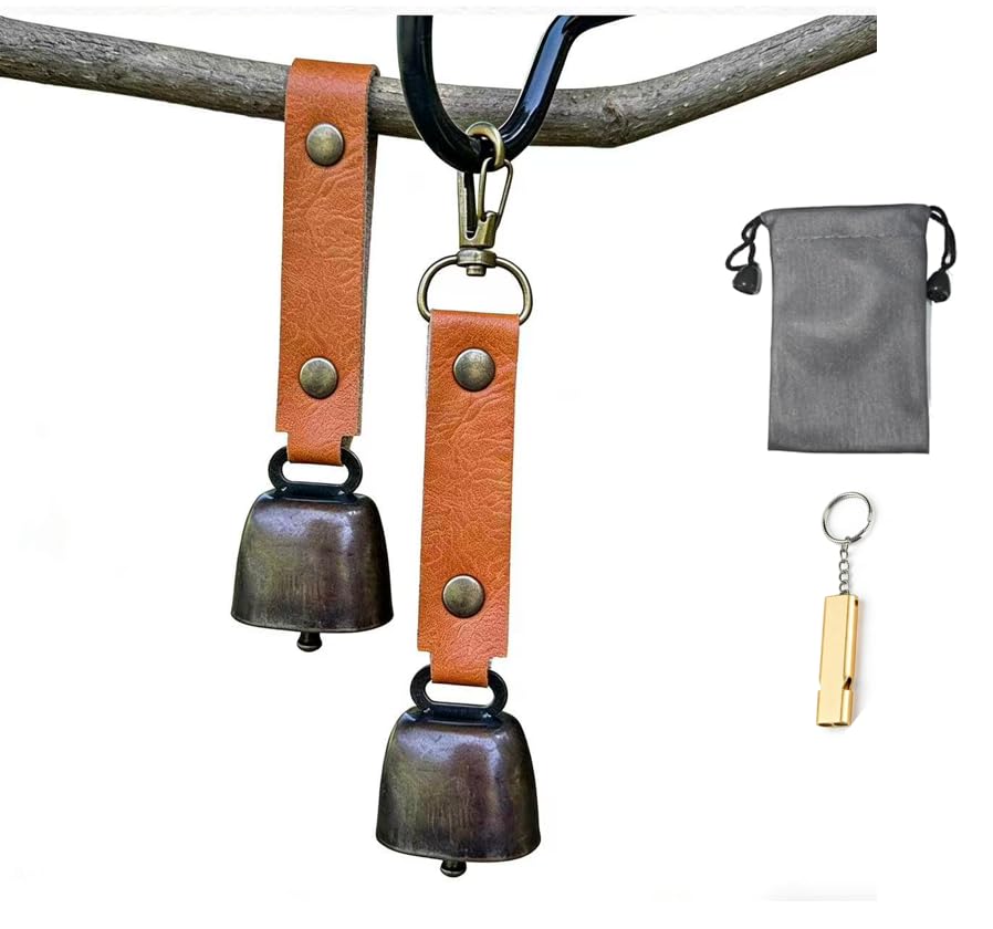 熊除け鈴「2個セット収納袋付」、真鍮製ベル、消音機能付き、登山・ハイキング・トレッキング用、大音量、カラビナ付き、ホイッスト付属