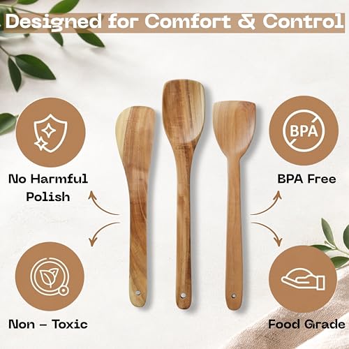Image of Classyo Neem Wood Spoon for Cooking, Wooden Spatula for Non Stick Pan, Wood Ladle, Wooden Spoon Set, Wooden Spatula Set, Naturally Antimicrobial and Non Stick (Set of 3)