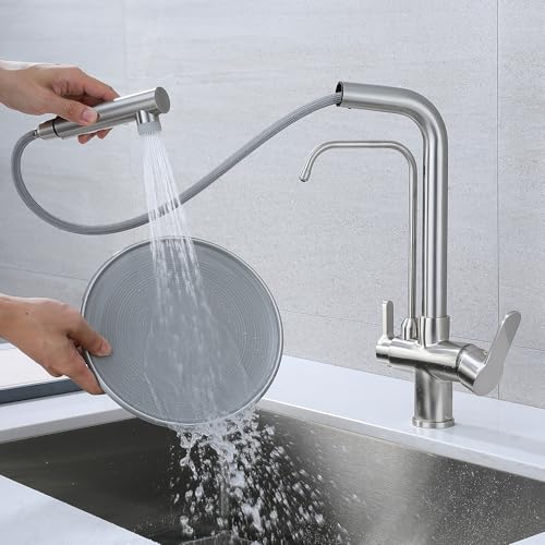 3 Way Kitchen Sink Tap With Pull Out Sprayer - 3 in 1 Drinking Water Filter Tap With Pull Down Sprayer (Brushed) - Image 2