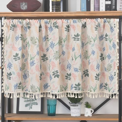 TAEOVXD Cenefa de Ventana con Estampado de Hojas de Estilo nórdico y Plantas y Hierbas, para Cocina, Estilo rústico, semitranslúcida, Corta, con Bolsillo para Varilla
