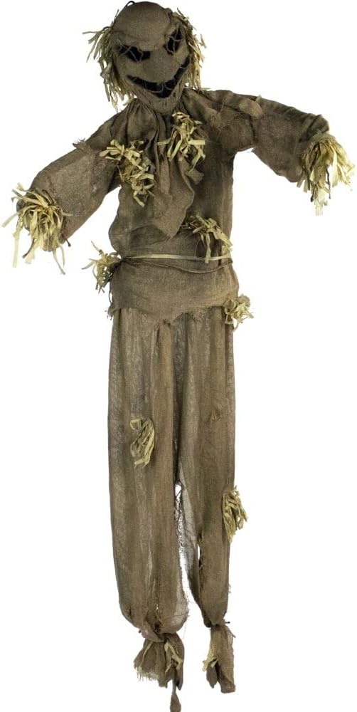 Haunted Hill Farm Life-Size Scary Talking Scarecrow Halloween Animatronic with Motion and Touch Activated Lights and Sound, Poseable, Battery Operated Indoor or Covered Outdoor Halloween Decorations 72" Standing Rotten Pumpkin Man