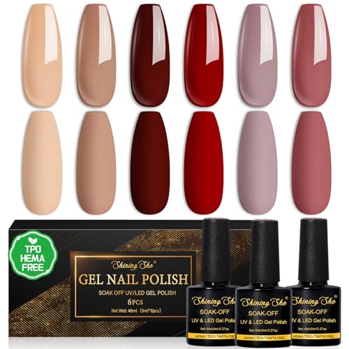 Shining She Pintauñas Semipermanentes sin TPO sin HEMA, 6 Colores Almond Rojo Marrón Gris-morado Esmaltes Semipermanentes Para Uñas en Gel UV LED para Novato Otoño e invierno Nail Art DIY, 8ML