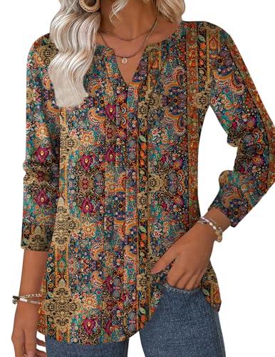 Zeagoo Womens Long Sleeve Tops Henley V Neck Shirts Pleated Blouses Dressy Casual Fall Loose Tunic Tops 2025 Basic Tees3