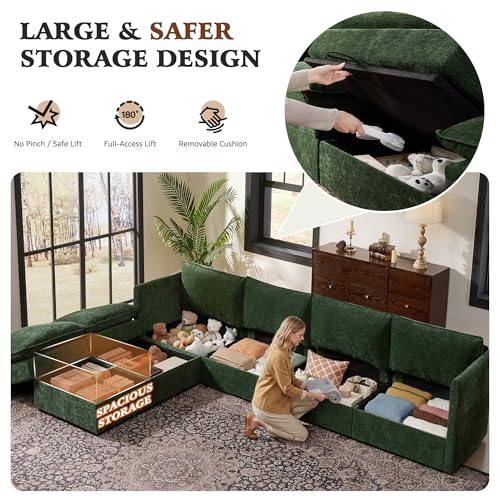 Image of Ihanherry 135 inch Modular Sectional Sofa with Storage, U Shaped Cloud Couch with Movable Ottomans & 4 Pillows, Chenille Deep Seat Sectional Couches for Living Room, Apartment (Green)