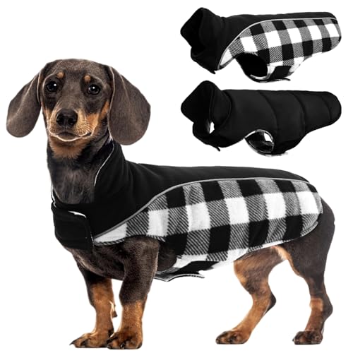 Kuoser Dog Winter Coat, Reversible Waterproof Dog Jacket with Reflective Strip, Warm Dogs Fleece Vest Adjustable Doggy Cold Weather Clothes Plaid Christmas Outfit Pet Apparel for Small Dogs, Black XS