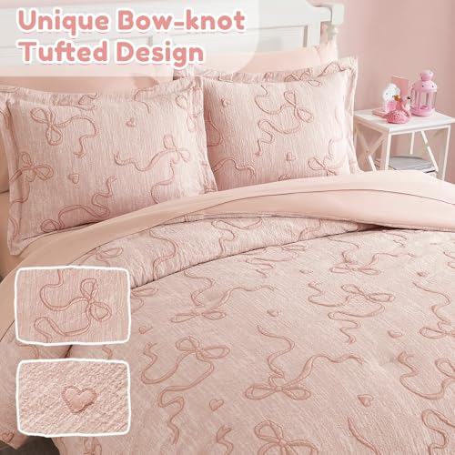 Image of Twin Girls Bedding Set - 5 Pieces Bow Comforter Set Jacquard Bed in a Bag