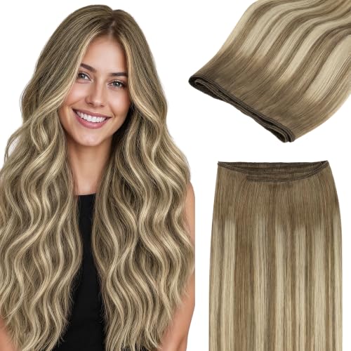 Image of GOO GOO Sew in Hair Extensions Real Human Hair, Weft Hair Extensions Human Hair, #8E /61 /8E Caramel Latte Mocha with Ash Blonde Highlights 20 Inch 100g, Weft Bundles Straight Silky Remy Hair