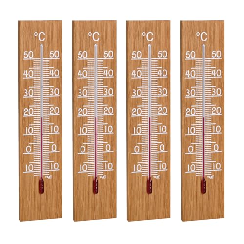 TFA Dostmann 4er Set Thermometer Innen Außen analog, 95.1035, Gartenthermometer, wetterfest, aus geölter Eiche, Innen- oder Außentemperatur...